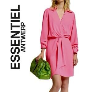 ESSENTIEL ANTWERP MINI DRESS DORSEY TWIST FRONT COLLARED DRAPED SZ 6 HOT PINKC